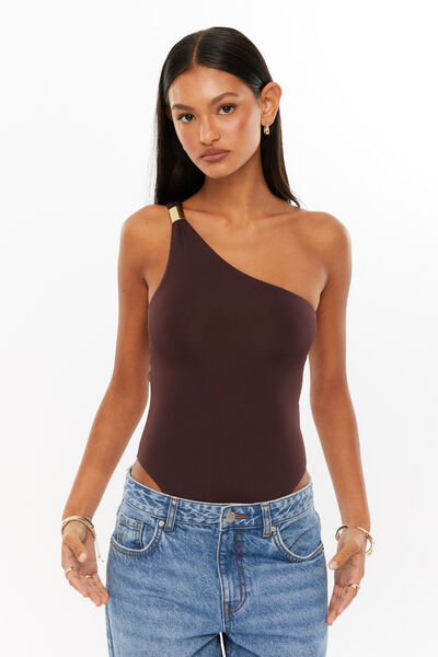 Luxe Jessica One Shoulder Bodysuit, CHOC CHERRY