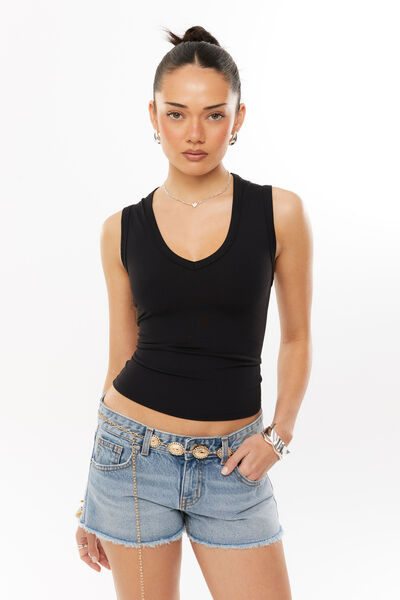 Sleek Belle V Neck Tank, BLACK