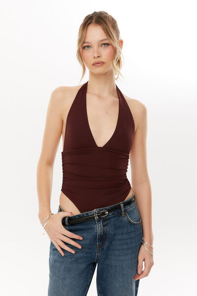 Luxe Eleanor Halter Bodysuit, WINTER WINE