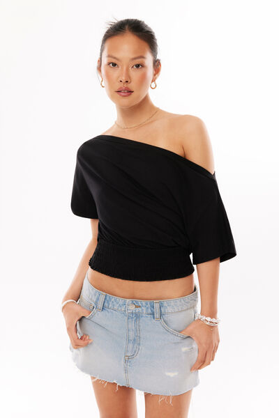 Veronica Shirred Tee, BLACK