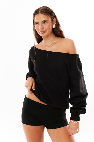Zarah Off Shoulder Fleece Top, BLACK