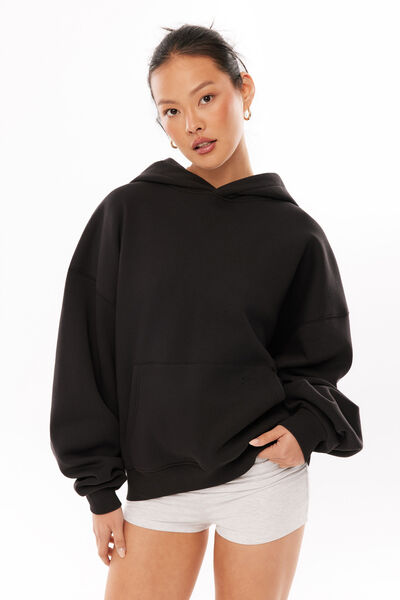 Ella Logo Oversized Fleece Hoodie, BLACK/EMBLEM
